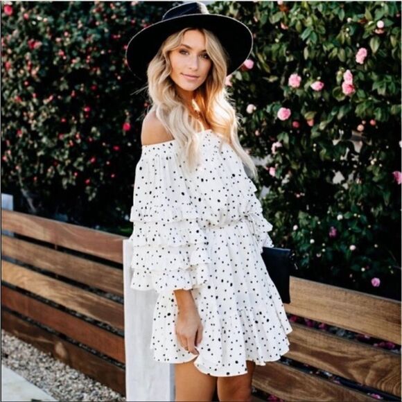 Fate White Polka Dot Tiered Sleeve Off Shoulder Ruffle Hem Dress Large - Picture 1 of 13